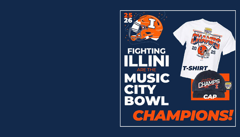 Words Fighting Illini are Music City Champions with image of Tshirt and ball cap