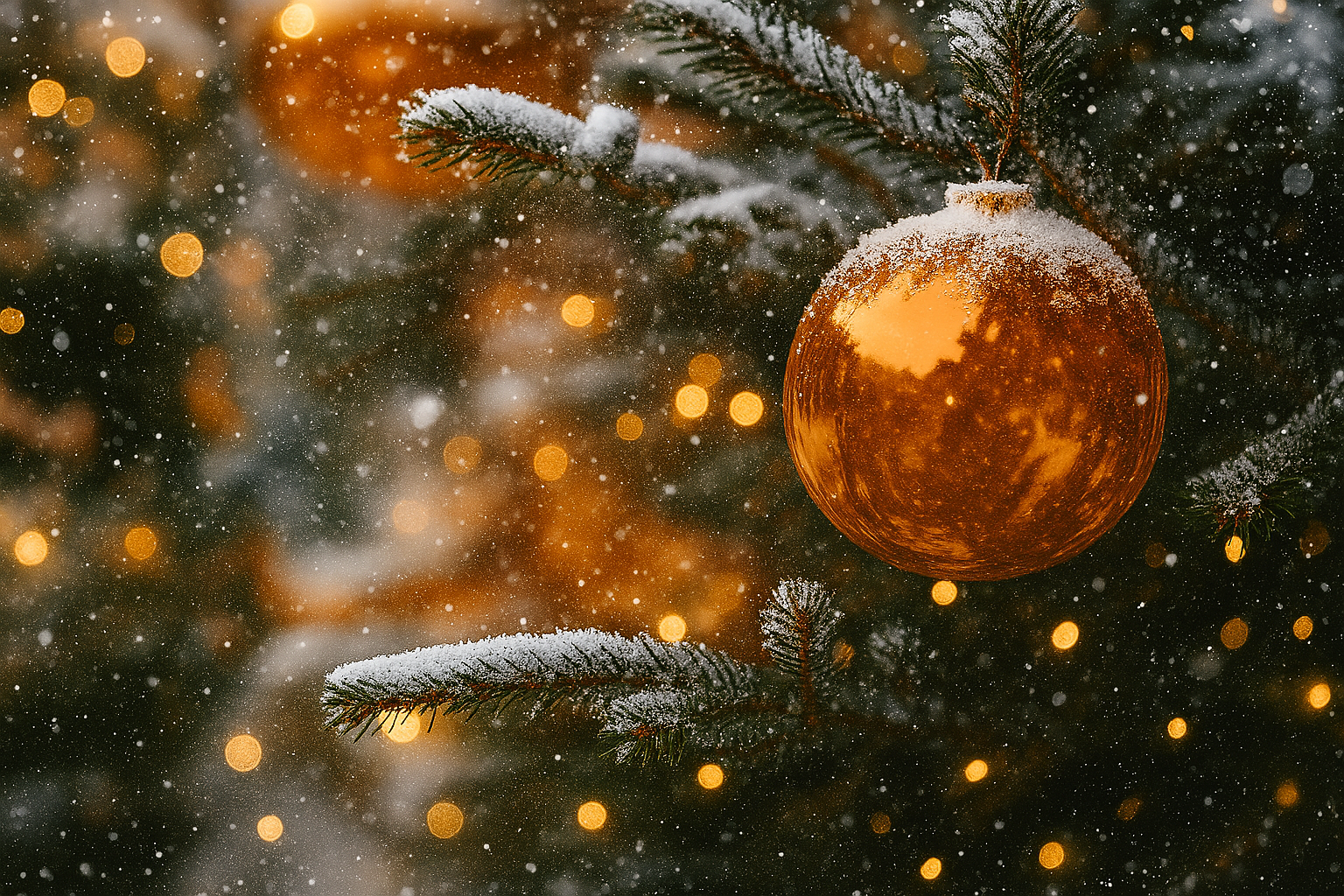 picture of conifer trees with orange ball ornaments with snow falling