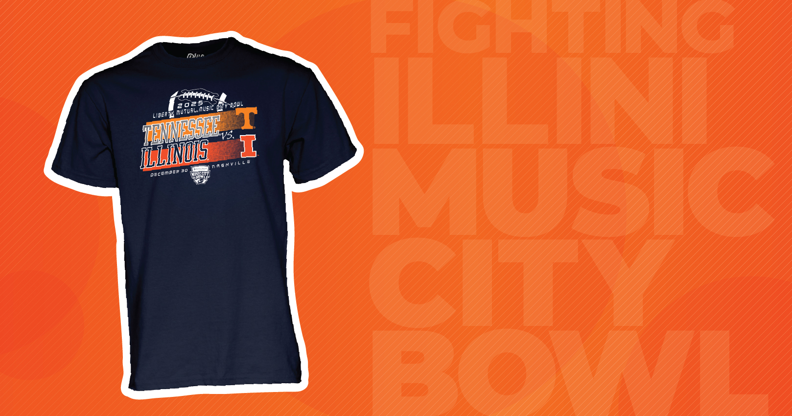 picture of navy Illinois T-shirt with the Music City Bowl logo on it against an orange background with the words Fighting Illini Music City Bowl