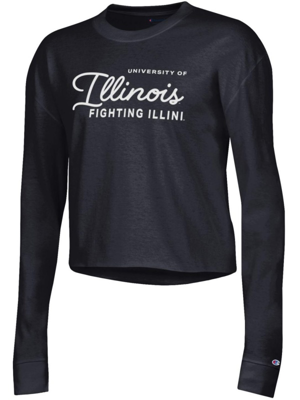 Champion® Long sleeve "FIGHTING ILLINI" boyfriend crop T-shirt. Black. 100% Cotton. (SKU 1566500313000107)